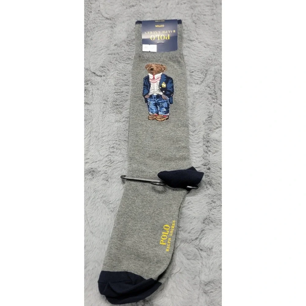 Polo Ralph Lauren Socks‎ Mens 10-13 Gray Preppy Polo Bear Crest Mid Calf Cotton